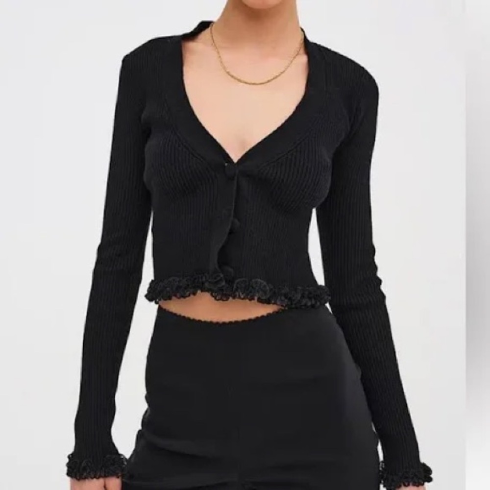 NWT For Love And Lemons Black Ribbed cropped Cardigan Medium